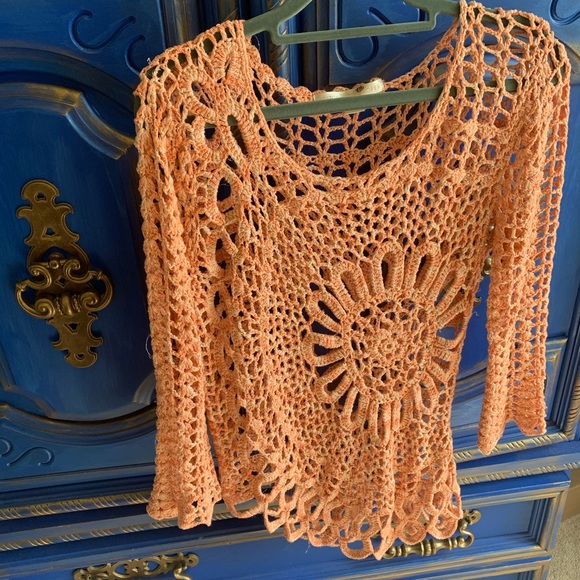 Boston Proper Sweaters - Boston Proper Open Crochet Top Small Sweater Pink